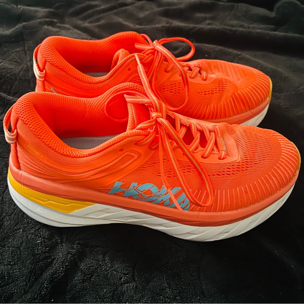 Hoka One One Women's Bright Orange Athletic Sneakers with Yellow & Blue Accents - Picture 1 of 6